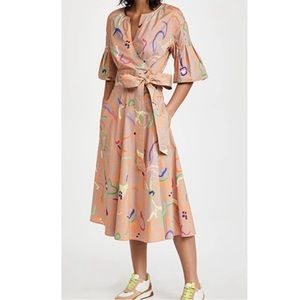 Tanya Taylor NWT Frida Tie Waist Squiggle Floral colorful Midi Dress Size 2